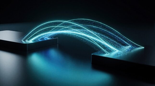 Abstract digital bridge of glowing blue lines connects two dark platforms. Data streams flow across the futuristic gap, representing information transfer and network connection.