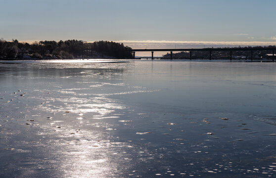 Part of the Veterans Memorial Bridge in Belfast Maine on a frozen day in the winter.