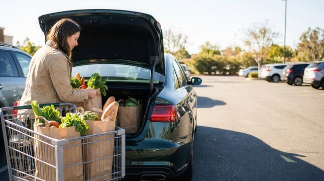 Woman loading groceries from a shopping cart into her car trunk. Showcasing a healthy lifestyle, sustainable shopping, and the convenience of modern retail experiences.