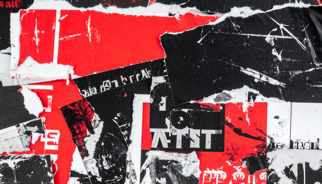 Black and red grunge collage with ripped paper, vintage newspaper scraps, faded prints and distressed surfaces, bold layered composition, rough textures, retro punk poster aesthetic.