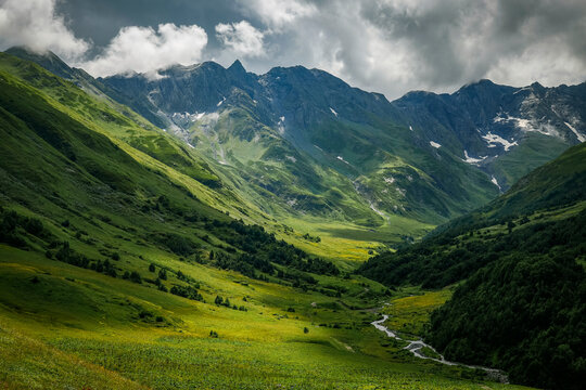 Scenic stormy summer landscape of Dadiashi Mountain (3 537m) in the Greater Caucasus Range, Georgia