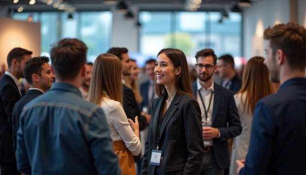Networking event with diverse professionals in business casual attire mingling at conference reception, networking event showing active conversations, name badges, coffee cups and modern venue,