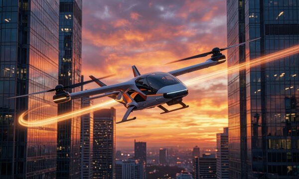 A sleek vtol air taxi hovers between towering skyscrapers at sunset. This vtol air taxi represents the future of urban mobility in a bustling cityscape.