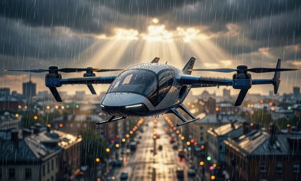 A vtol air taxi flies through the rain, showcasing its design against a city skyline. The vtol air taxi glides above the streets, framed by the bright beams of light from the clouds.