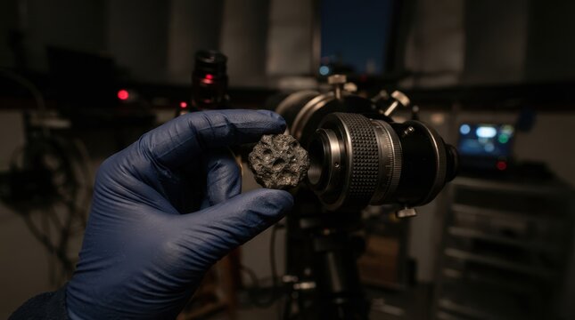 Gloved astronomer holding moon rock sample beside telescope focus ring in observatory