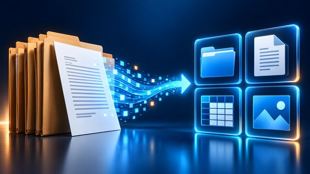 Paper document from physical folders converting into a glowing digital data stream towards blue interface icons. Concept of corporate digital transformation and paperless data migration strategy.