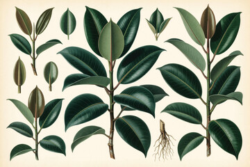 Obraz premium Ficus elastica plant parts detailed. Leaves show vein structure and shape variation. Roots and stem are visible. Botanical study illustration for nature lovers.