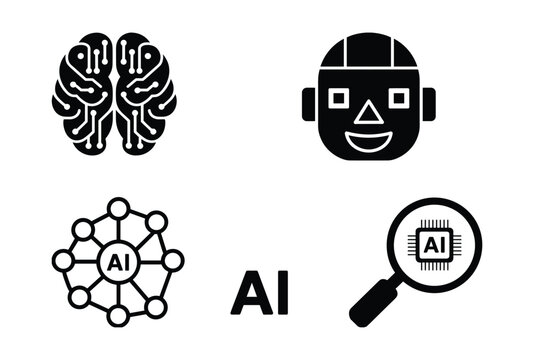 AI Concept Icons: A collection of stylized icons representing artificial intelligence, including a circuit board brain, robot head, neural network, and a magnifying glass over a chip.