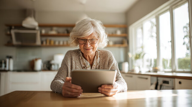 Senior woman using a digital tablet at home for technology learning and online advice concepts