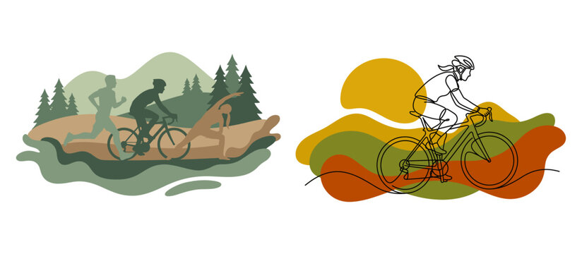 Triathlon sports vector illustration with running, cycling, and yoga in nature