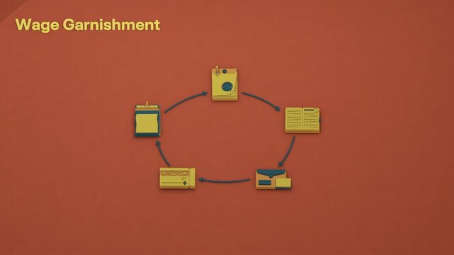 Wage garnishment forms a standing payroll procedure, with court orders, withholding records, remittance, net pay statements and notices arranged as five stations around an empty center. Flat 3D style