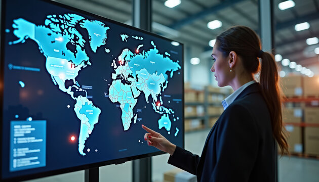 global logistics dashboard on large interactive world map display with live shipment markers, heatmap and analytics panels, operations manager touching realtime touchscreen controls in warehouse,