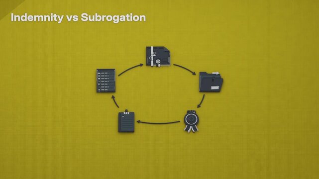 An indemnity bond covers estate loss within an established procedure, while subrogation pursues reimbursement after probate closes. Flat 3D style with an English title card.
