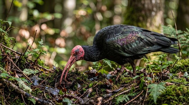 Northern Bald Ibis Foraging in Mossy Forest Environment