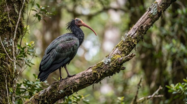 Northern bald ibis perched on a mossy branch in a forest