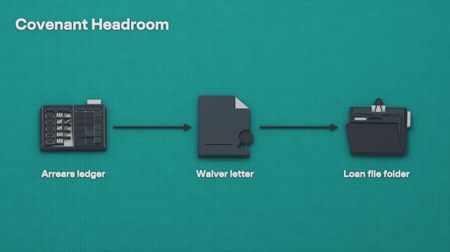 Covenant review tracks headroom alongside arrears, with a cure notice and waiver consideration before remedies trigger. Flat 3D style with English labels.