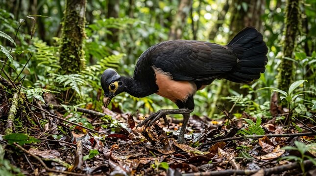 Maleo bird Macrocephalon maleo foraging on the forest floor in a tropical rainforest