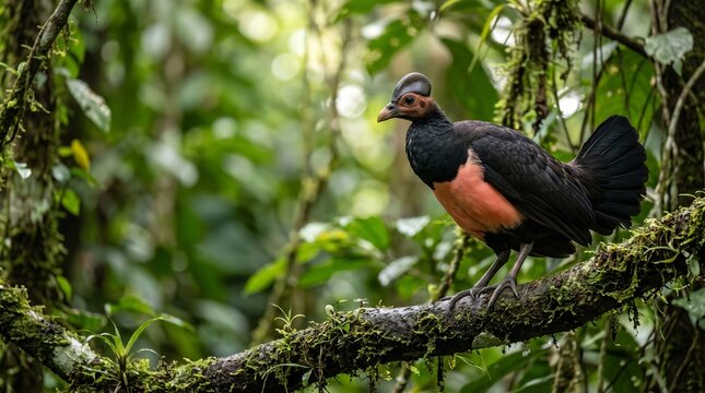 Maleo bird perched on a mossy branch in a dense tropical rainforest
