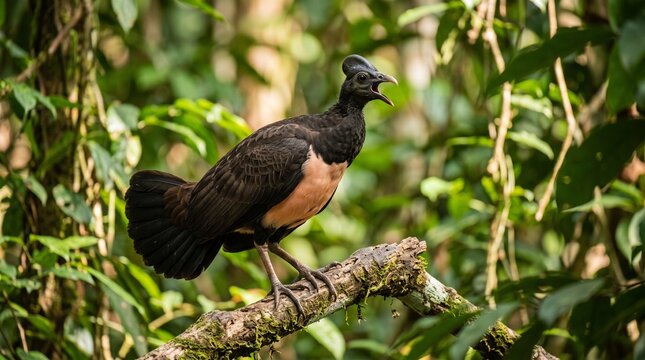 Northern helmeted curassow perched on a branch in a tropical rainforest calling