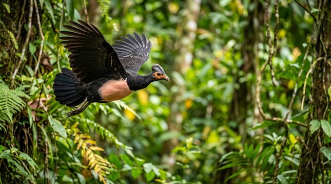 Maleo bird flying through lush tropical rainforest jungle greenery