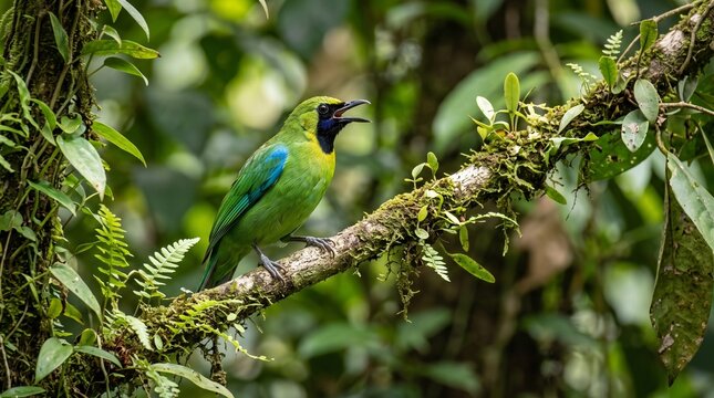 Vibrant Green Chloropsis Bird Perched on a Mossy Branch in Tropical Rainforest