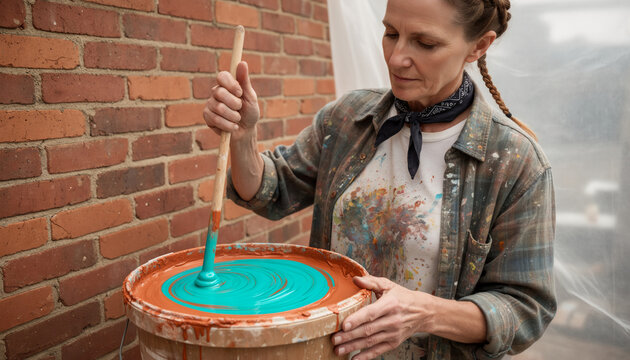 Focused woman mixing teal paint in bucket with wooden stick against exposed brick wall, professional painting trade and renovation craftsmanship with copy space for text