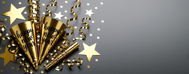 Naklejka premium Golden party hats with happy new year text, streamers, confetti, and stars lay flat on dark gray background. Festive elements for celebratory occasion.