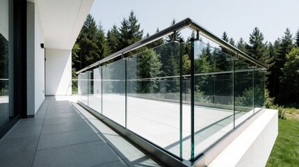Obraz premium Modern house terrace with transparent glass railing and metal handrail overlooking forest. White facade clean lines, minimalist design, bright daylight creates spacious outdoor living area.