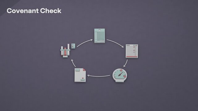 Monthly covenant controls bring accrual posting, book reconciliation and threshold testing into a standing process that flags a waiver request. Flat 3D style with an English title card.