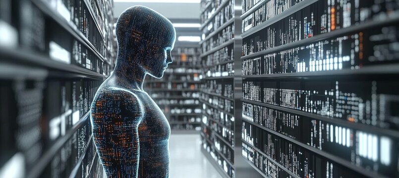 Humanist Artificial Intelligence Avatar Standing in a Futuristic Data Information Server Library