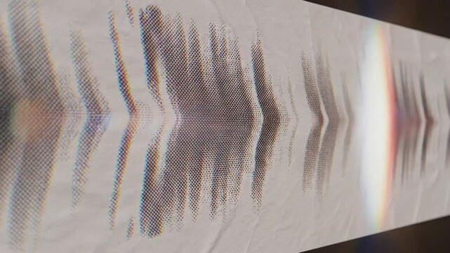Abstract sound wave visualization rendered on a textured white paper surface with a dynamic colorful light leak overlay.