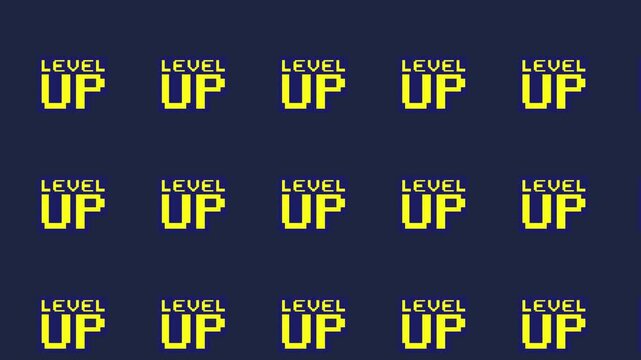 Pixel LEVEL UP text repeats in yellow across a dark blue backdrop, forming a retro gaming grid. Looping animation with 8-bit arcade style. Great for gamer content, achievements, and progress themes.