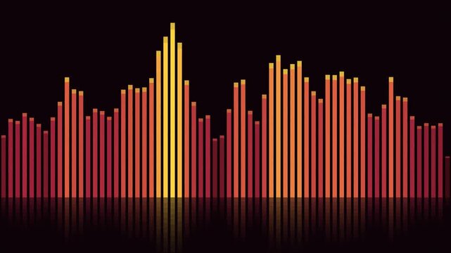 Seamless loop: animated audio spectrum bars glowing in warm ember red orange yellow tones on black. Dynamic equalizer visualization with reflection. Music sound wave design for entertainment.