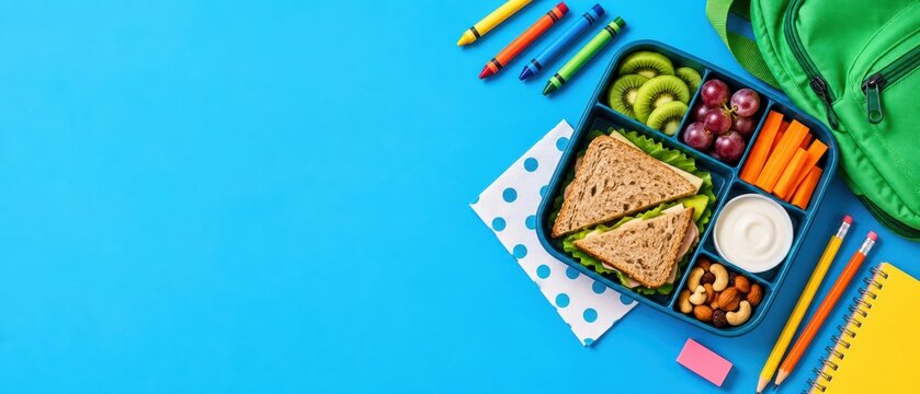 healthy school lunch in bento box with sandwich, kiwi, grapes, carrots, nuts and dip beside backpack and school supplies on blue background
