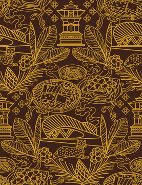 Indonesian Kudus batik seamless pattern vector featuring Menara Kudus landmark, local culinary, and tobacco leaf gold line art on brown background.