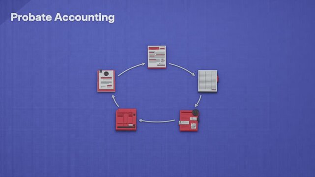 Probate accounting provides a framework for opening an estate, reconciling its inventory with creditor claims, and authorizing final distribution. Flat 3D style with an English title card.