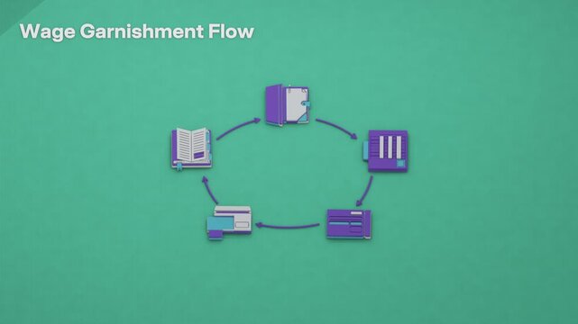 A standing garnishment workflow carries a court order through payroll calculation, wage deduction and remittance, retaining a compliance entry at completion. Flat 3D style with an English title card.