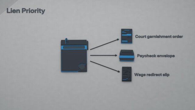 A lien filing leads to a court garnishment order, wage withholding and redirection of earnings to satisfy the creditor's debt claim. Flat 3D style with English labels.