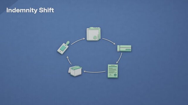 A standing indemnity procedure links claim settlement, assignment of recovery rights to the insurer, and pursuit of the liable third party. Flat 3D style with an English title card.