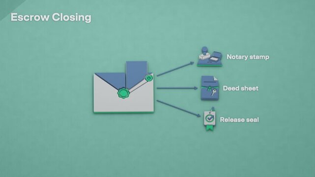 An earnest deposit in escrow leads to notarized paperwork, deed delivery and release of the keys at closing. Flat 3D style with English labels.