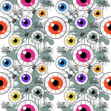 Halloween seamless pattern with colourful eyeballs and spiders 