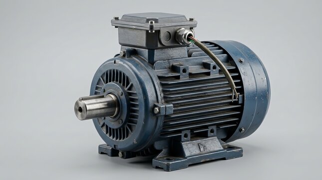 Industrial electric motor with shaft and electrical wiring, a powerful motor used in manufacturing and heavy machinery applications, showcasing robust engineering.
