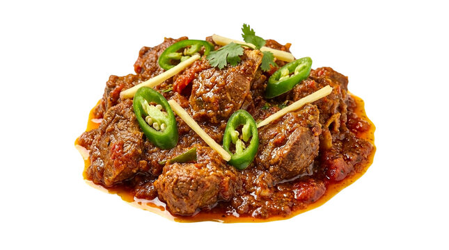 Spicy beef karahi curry with green chili and ginger, traditional pakistani meat stew, indian masala beef dish isolated on white