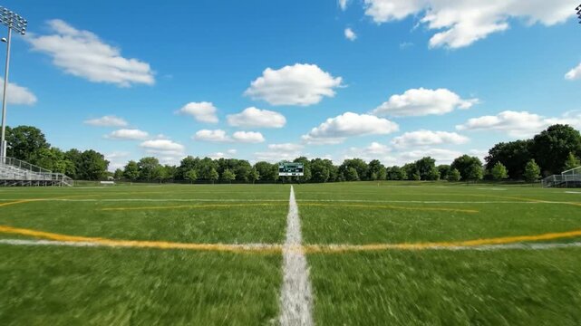 Wide-angle view of a sports field with green grass, goalposts, and blue sky, showcasing the layout