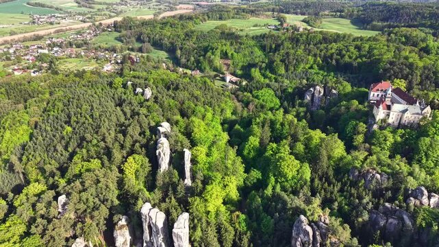 High altitude view captures historic chateau perched along cliff edge, surrounded by lush forest, scattered fields, and distant village, with castle, chateau, fortress, turret detail
