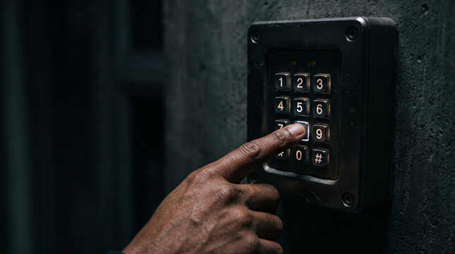 Person using keypad for secure access on textured concrete wall