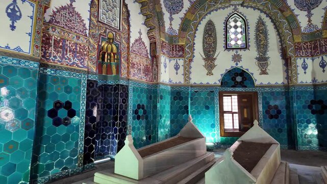 A view of the Cem Sultan Tomb in the city of Bursa, Turkey. It is renowned for its tiles and hand-painted ornamental decorations.
