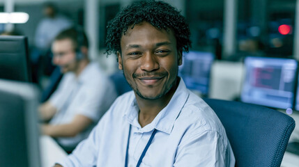 Fototapeta premium Smiling African American IT professional working with computer in a modern technology office