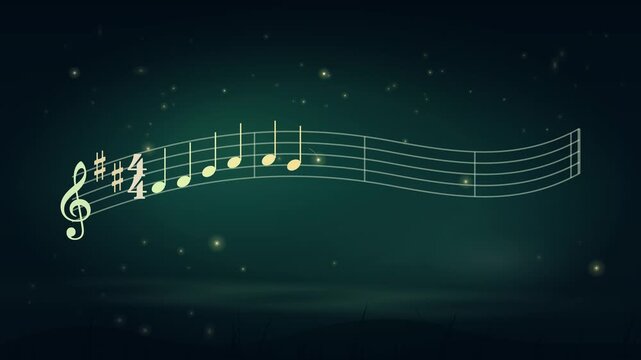 Animated musical staff with Ode to Joy glows across a starry teal night sky dotted with fireflies. Notes appear in sequence over a dreamy nocturne landscape..