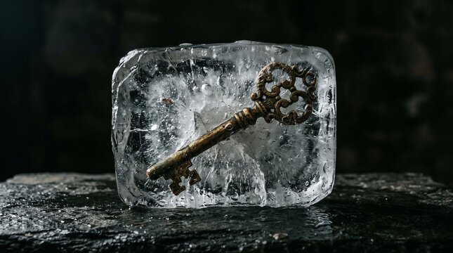 Vintage bronze key frozen inside a transparent ice block on dark stone surface